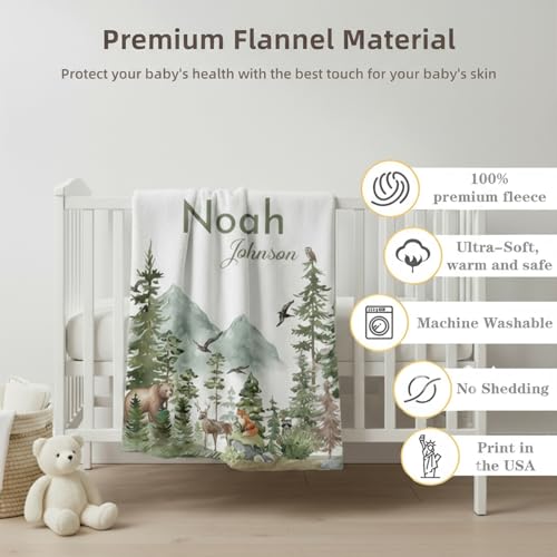 Image of Personalized Woodland Baby Blanket with Name, Custom Name Blanket for Boy, Printed in USA, Super Soft Blankets for Newborn, Customized Gifts for Baby Shower Birthday Christmas