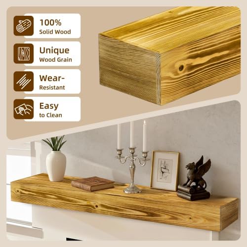 Donext 60" Fireplace Mantel, Rustic Fireplace Mantle Shelf with Invisible Brackets, Handcrafted Wood Floating Fireplace Mantel, Wall Mounted Fireplace Mantel Shelf for Living Room Decor, Caramel