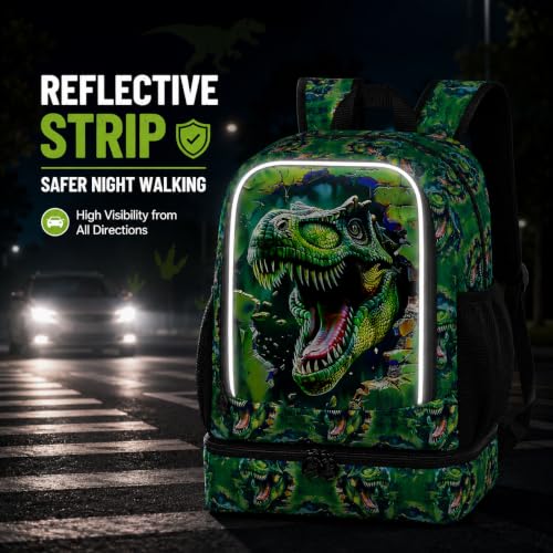 Image of 2 In 1 Dinosaur Backpack for Boys, 17 inch School Bookbag with Lunch Box, Kids Backpacks for Elementary Preschool Kindergarten (Green)