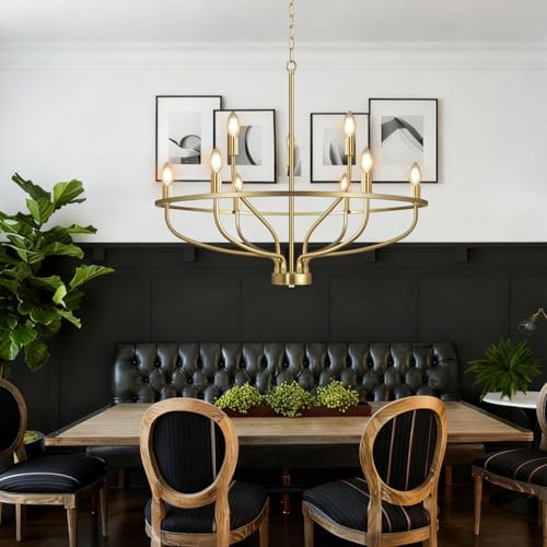 30" Gold Chandelier, 9-Light Modern Farmhouse Chandelier for Dining Room Lighting Fixtures Hanging, Candle Chandelier Light for Living Room, Kitchen Island, Bedroom and Entryway (Bulbs Not Included) - Thumbnail 6