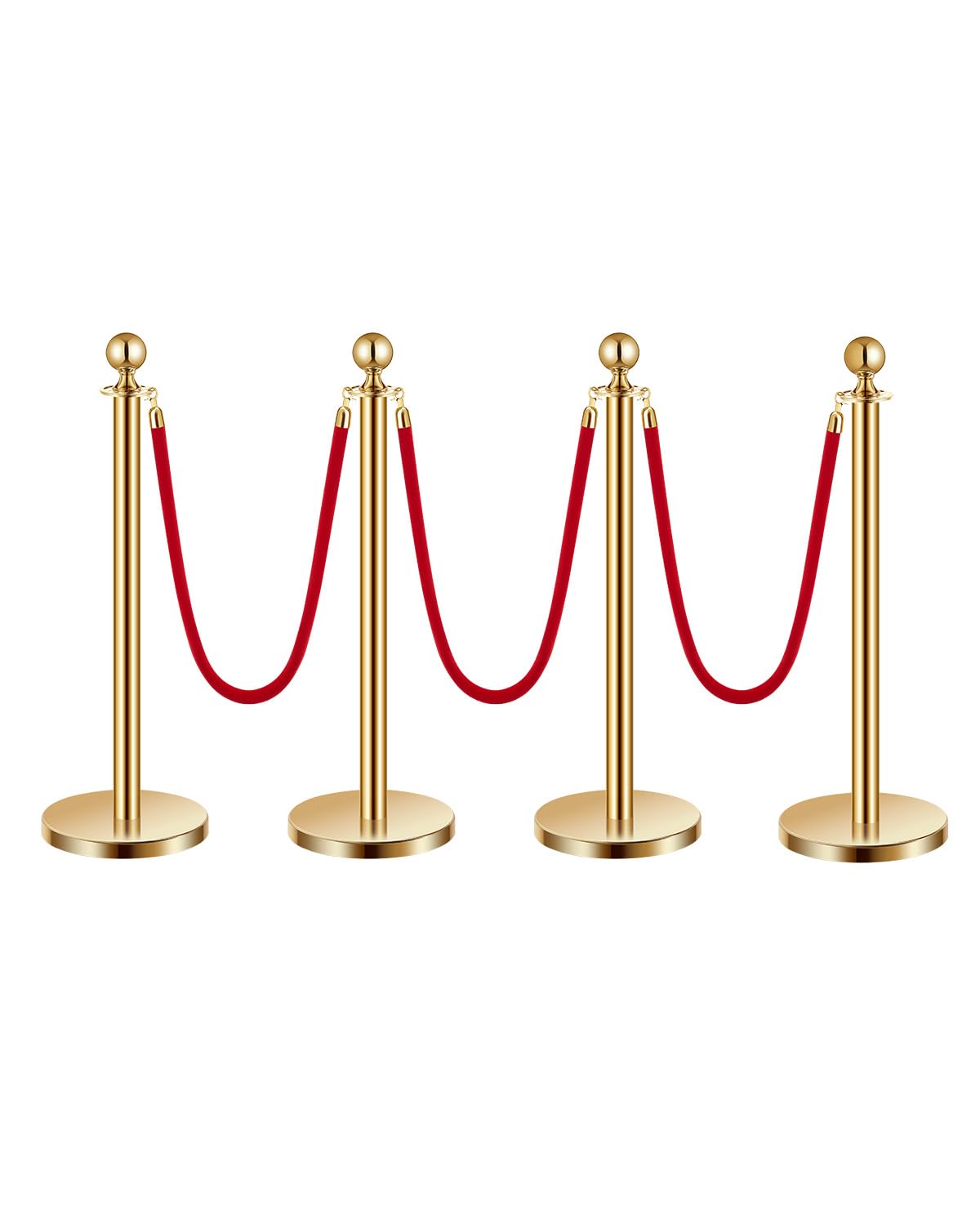VEVOR Stanchions and Velvet Ropes 4Pcs, Hollow Base with Stainless Steel Post, 3 Red Velvet Ropes and Posts, Crowd Control Barriers Gold Stanchions, Red Carpet Runner Poles for Party Supplies
