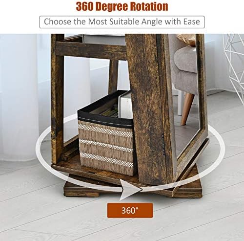 CASART Jewellery Cabinet, 3 in 1 Standing Jewelry Armoire with Full-Length Mirror and Storage Shelf, Lockable Jewellery Organiser for Earring Ring Necklace Cosmetics (360° Swivel Rustic Brown)