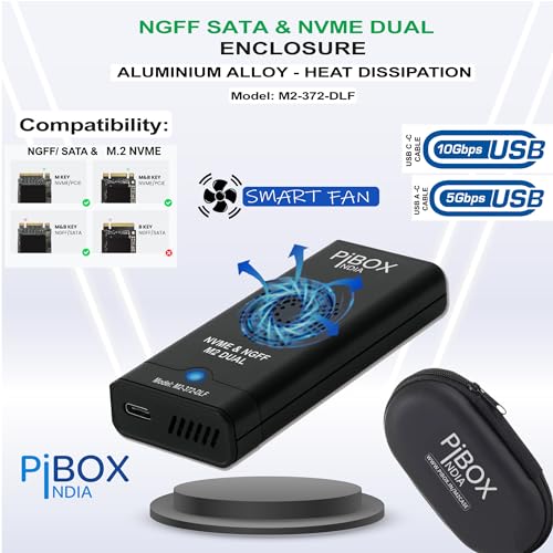 Image of NVME M.2 Fan Enclosure, PiBOX India Dual protocol NVMe /NGFF SATA SSD Enclosure Smart Fan- USB 3.2 10Gbps, Tool-Free M.2 NVMe Case, PCI-E NVMe to USB-C, Supports M, B&M Keys 2230 /2242 /2280 SSD RTL9210B