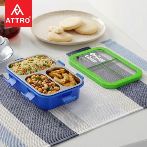 Image of ATTRO JoyBox Steel Lunch Box, 3 Compartment, Stainless Steel Inner Tray, Leakproof Airtight Lid, 4-Side Locks, BPA-Free Food Grade Lunch Box for Kids, School & Office - Green Blue-750ml