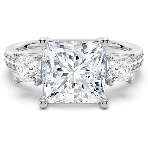 MSBLUE® Three Princess Cut Moissanite Engagement Ring with Pave, 14K Gold Vermeil, Rhodium Finish
