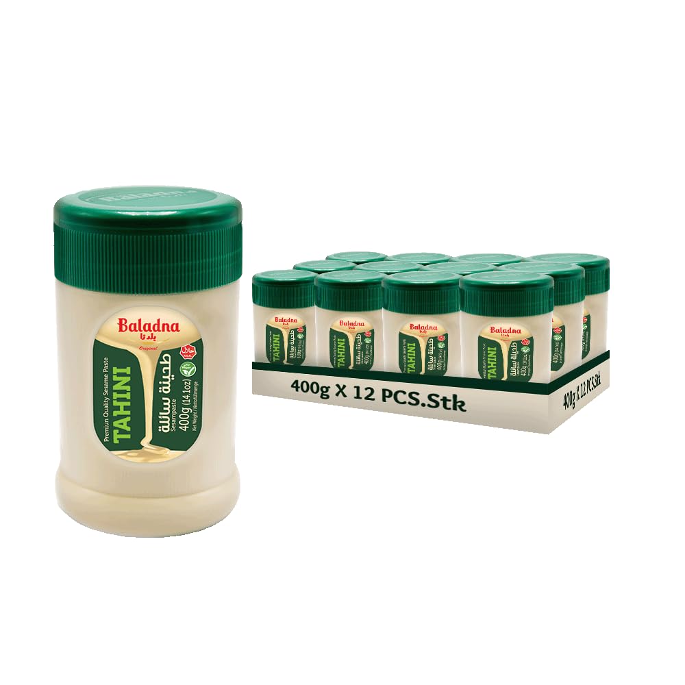 Baladna Tahini (Sesampaste) Halal 400 g x 12 Pcs | Tahina | Tahin | Paste aus fein gemahlenem Sesam | Lecker als Dip | Ideal für Hummus & Saucen | Orientalisch | Vegetarisch | Vegan | Halal