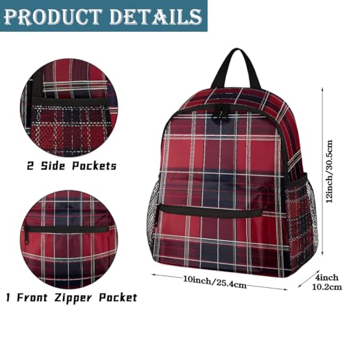 Toddler Backpack Classic Red Blue Tartan Plaid Kids Bacpack for Boys Girls Kindergarden Preschool Bag Lightweight Small Travel Rucksack Bag with Bottle Holder2