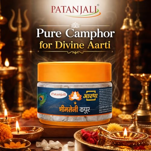Image of Patanjali Aastha Bhimseni Kapoor Camphor Crystals for Puja, Havan & Aromatherapy | Natural Long Lasting Air Freshening Kapoor | 25g Each Jar, Pack of 4 for Home, Temple & Spiritual Use for Daily Pooja