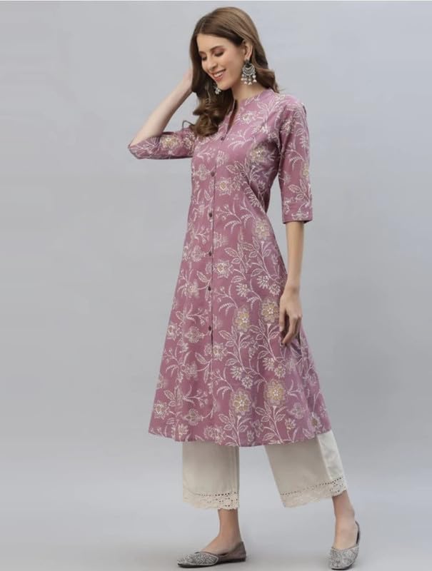 Image of Women's Mauve Floral Printed Straight Kurta with Mandarin Collar (Only Kurta)