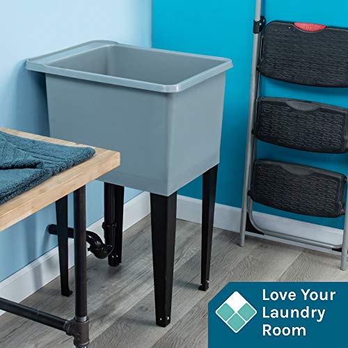 Grey Space Saver Utility Sink By Js Jackson Supplies, Freestanding Tehila Space Saving Laundry Tub, Black Metal Legs With P-Trap Kit #TOP3