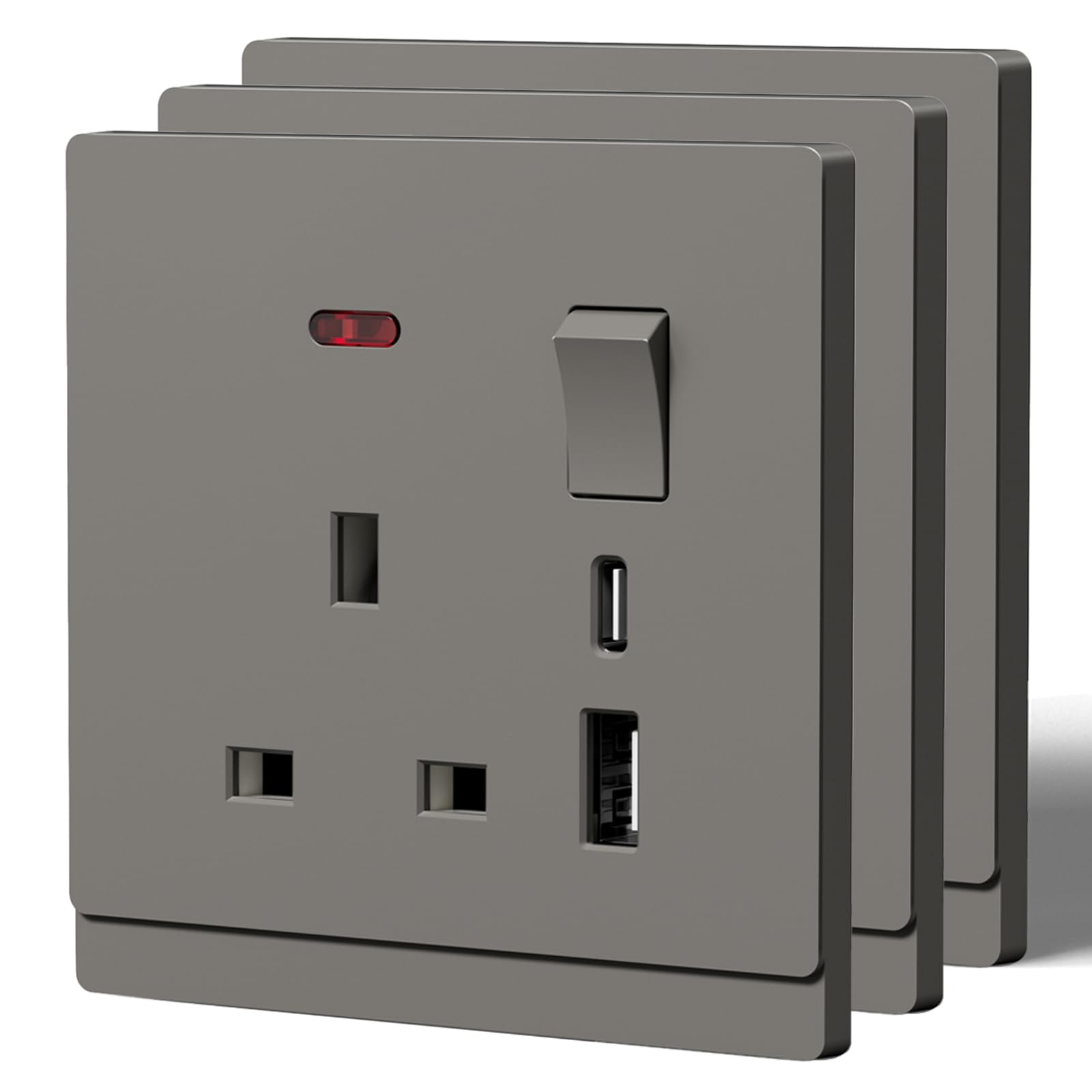 BSEED Single Socket with USB C,Tactile Finish Switched Wall Sockets,13A Electric Power Outlet,Individual Control & LED Indicator,Designer Wall Plate,Single-3 Pack,86mm Grey