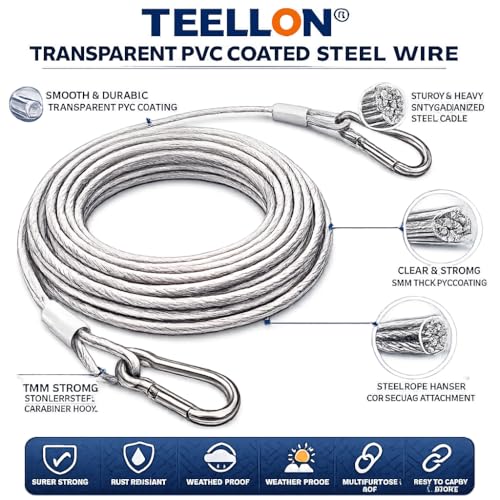 Image of 3 Meter (5mm) Heavy Duty Stainless Steel Clothesline Wire Rope with Carabineer Hooks, Portable Rustproof Laundry Drying Rope Cable for Balcony Garden Home Indoor Outdoor Uses (White, 10 Feet)