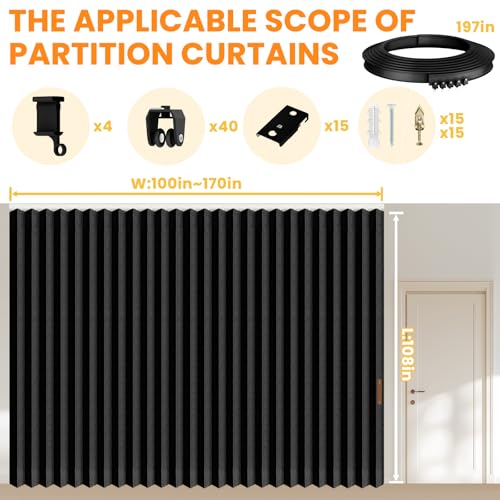 Image of Room Divider Curtain Sets with Flexible Ceiling Track, Privacy Soundproof Curtain for Bedroom Office Patio Sliding Door(Black, W180 x L108, 1 Pack)
