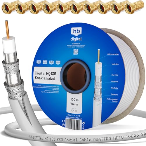 HB-DIGITAL 100m SAT Koaxialkabel 135dB 8K 4K UHD 4-Fach geschirmt für DVB-S / S2 DVB-C / C2 DVB-T / T2 DAB+ Radio + inkl. 10x vergoldete F-Stecker BK Anlagen - Stahl/Kupfer Innenleiter - Weiss
