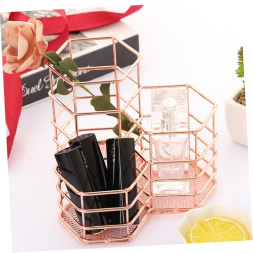 Porte-stylo multifonction or rose pour bureau encombré : pot hexagonal contre le désordre - 6