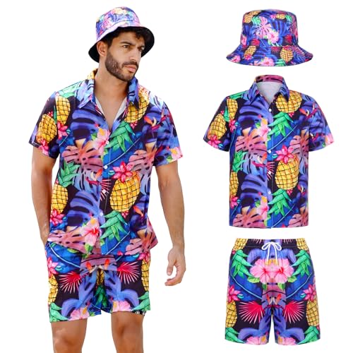 Joyesplay Ensemble hawaïen pour homme 3 pièces avec chemise flamant rose, short et chapeau de pêcheur - Chemises hawaïennes pour homme pour l'été, chemise de plage, pour la pool party, lilas, XL