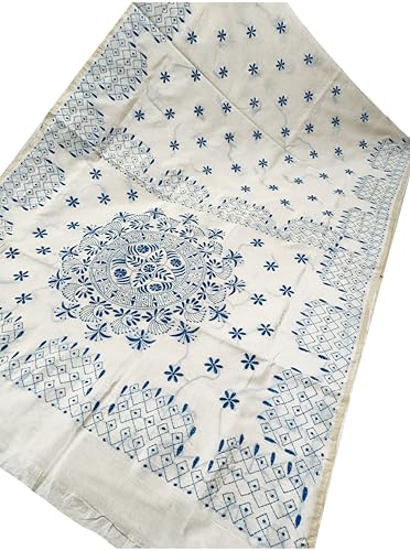 Image of SHRISTI CLOTHINGS Women's Hand Embroidered Cotton Silk Kantha Stitch Saree with Blouse Piece (SB4200924 OFFWHITED93)