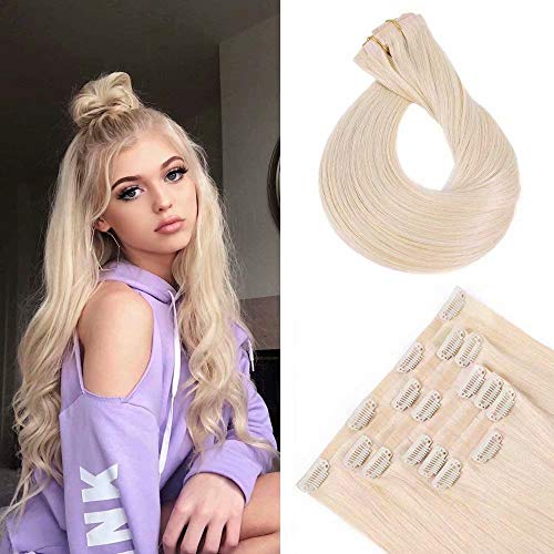 Maxfull Seamless Clip In Human Hair Extensions Platinum Blonde, Invisi-PU Skin Weft Real Remy Hair Extensions Clip On Human Hair, 7pcs, 14inch, 110g
