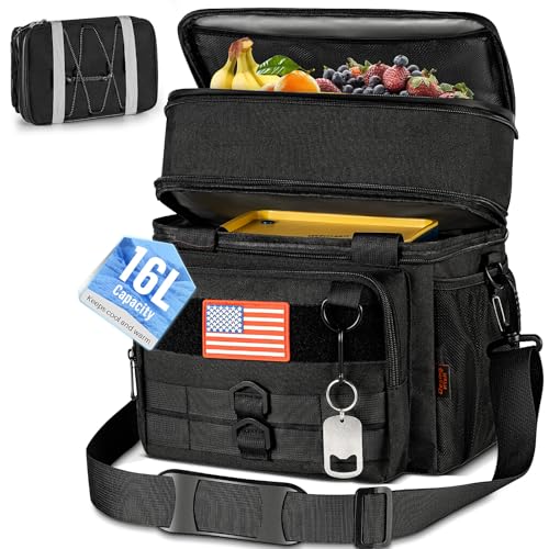 Desing Wish 16L Insulated Lunch Bag for Men Women Leakproof Expandable Lunch Box Mens Lunchbox for Work Multi-Layer Heavy Duty Tactical Lunch Bag for Office Camping Picnic Travel (Black)