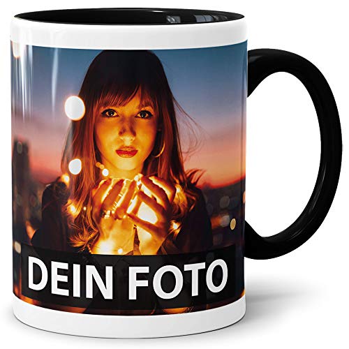 Foto-Tasse zum selbst gestalten mit Foto und Text/mit individuellen Druck in Profiqualität/Personalisierte Geschenk-Idee mit Bild/Schwarz
