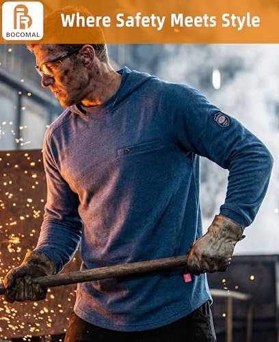 Image of BOCOMAL FR Hooded T Shirts Utility Pocket Fire Resistant Summer Hoodie CAT2 | 6oz Midweight Flame Retardant Cotton Hoodies,Kangaroo /Button Pocket,NFPA2112,Rib-Knit Cuffs,FRC Welding Arc Rated Work Shirt