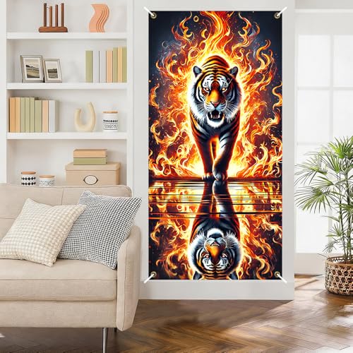 Image of Fire Tiger Door Cover Tapestry 35x70in Wall Hanging Poster Banner