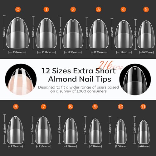 Image of Modelones Extra Short Almond Nail Tips Pre-shaped Gel Soft Fake Nails False | Acrylic Clear Full Cover Press on Extension Kit Gel Manicure DIY at Home 216PCS 12Sizes