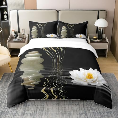 richhome Pierre Zen imprimé Parure de Lit Coton méditation Lotus Housse de Couette 220x240cm Paisible œuvre d'art Naturelle Ensemble de literie Respirable...