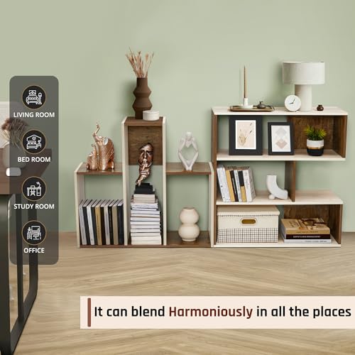 Image of ABOUT SPACE Book Shelf for Home Library-Rectangle /L-Shaped Rack for Storage 2 Ways 6 Compartment Book Stand Shelf for Bedroom, Livingroom Decor, Plants and Books (Oak White&Walnut-L128 x B30 x H85 cm)