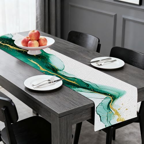 Image of Nuxovilar Teal Gold Fluid Table Runner Flax 13x72 in | Holiday Runner Flax Placemats Dining Accessories Set Artistic Dinner Room Space Area (Teal Gold Fluid)