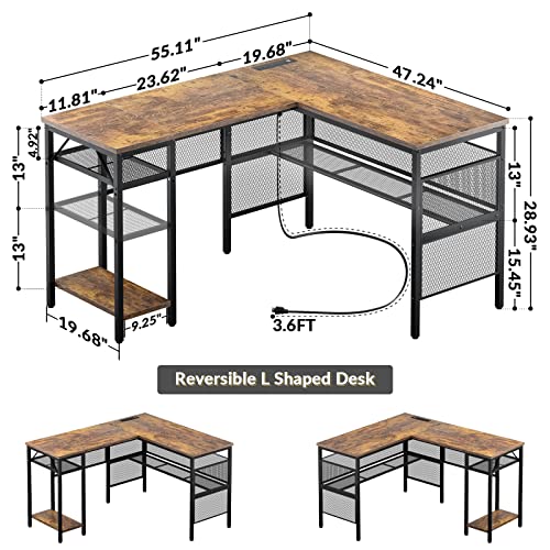 Unikito L Shaped Desk With Usb Charging Port And Power Outlet, Reversible L-Shaped Corner Computer Desks With Storage Shelves, Industrial 2 Person Gaming Table Modern Home Office Desk, Rustic Brown #TOP2