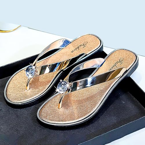 Sandwiched Herringbone Women's Slippers with Rhinestone Beach Shoes Flat Furry House Slippers for Women Closed Toe2