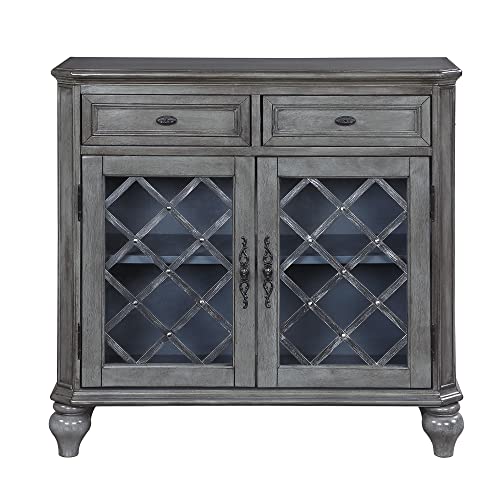 Farati Vintage Retro Buffet Cabinet Sideboard With Storage, 2 Drawers, 2 Doors And Adjustable Shelves With Iron Framed Glass Doors Accent Table Display Storage Distressed Console Cabinet (Grey) #TOP3
