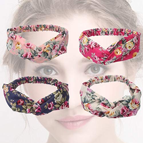 Lurrose Pacote com 4 tiaras femininas elásticas com estampa floral, elásticas, elásticas, elásticas,