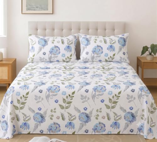 Image of IVAZA 240 TC Soft Ezyption Cotton Floral Print King Size Bedsheet - with 2 Pillow Covers, Hypoallergenic, Brethable, (Size- 90 x 90 Inch) White Grey