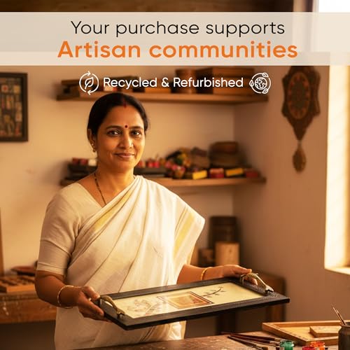 Image of Aakriti Art Creations Heritage Blend Tray, Serving Platter Beige | Madhubani Art with Matte Finish, Handcrafted Metal & Wood Tray with Handles | Tray for Kitchen Decor & House Warming Gifts