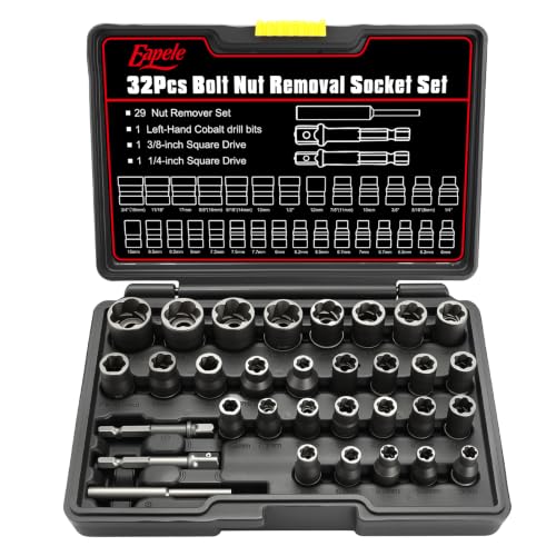 Image of Eapele Bolt Extractor Set, Stripped Nut Remover Twist Sockets, Fit 3 /8 inch Square Drive with Solid Storage Case (32pcs, Black)