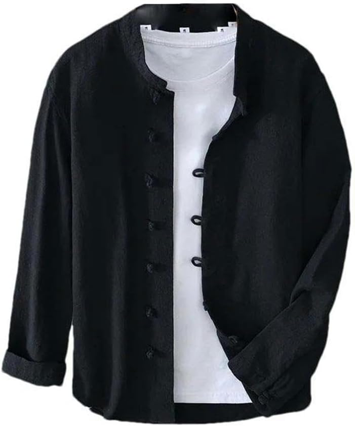 Chinese Style Men's Linen Shirt Tang Suit Kung Fu Traditional Solid Color Stand Collar Long Sleeve Pocket Shirt Jacket Men
