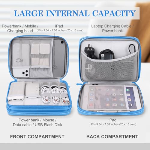 Image of FYY Electronic Organizer, Extra Large Travel Cable Organizer Bag Pouch Portable Waterproof Double Layers All-in-One Storage Bag for iPad, Cable, Power Bank, Laptop Charger for Office /Home, Cyan