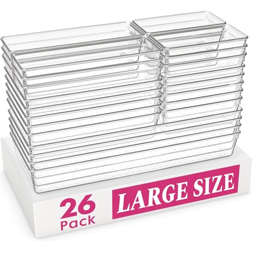 Criusia 26 Pack Large Clear Plastic Drawer Organizer Bins -5 Size Heavy Duty Acrylic Kitchen Drawer Organizers and Storage for Utensils -Bathroom Drawer Organizer Trays for Makeup Office Organization