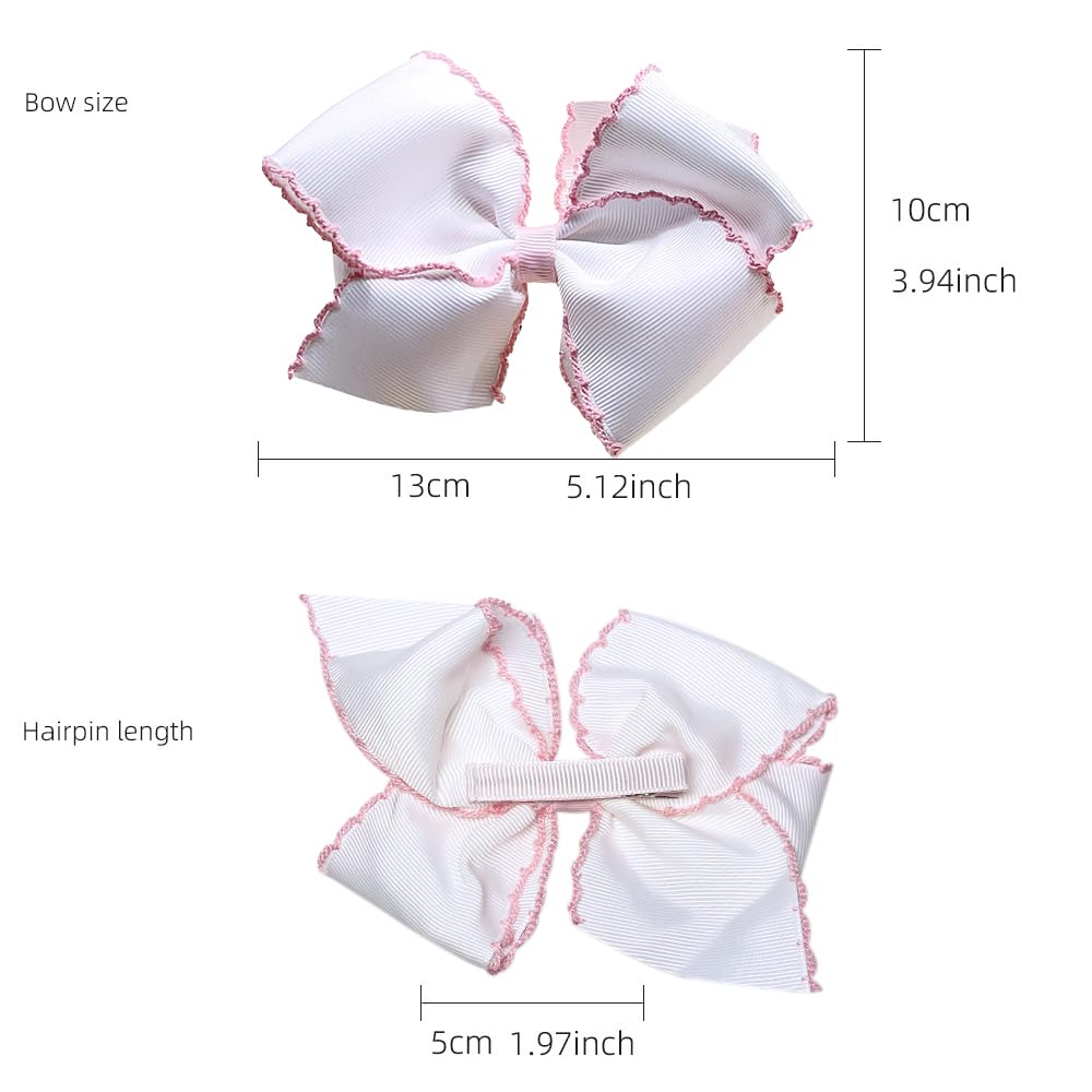 JCLIFE 5 Inch Girls' Grosgrain Hair Bow, Alligator Clips Hair Barrettes, Moonstitch Edge Hair Bows, White with Pink Edge