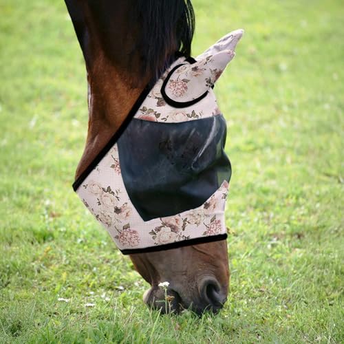 Jeffers Expression Fly Mask with Ears – Rose Garden – Oversize Horse – Mesh Bug UV Protection, Lightweight Breathable Mask for Horses, Travel, Summer Gear, Cooler and Blanket Pairing