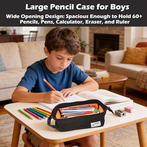 Image of Rough Enough Large Pencil Case for Boys kids Adults, Sturdy Cordura Fabric with YKK Zipper, Water-Resistant Big Capacity Pen Pouch for School, Office, Travel, Art Supplies, Makeup, Tech Gadgets, Black
