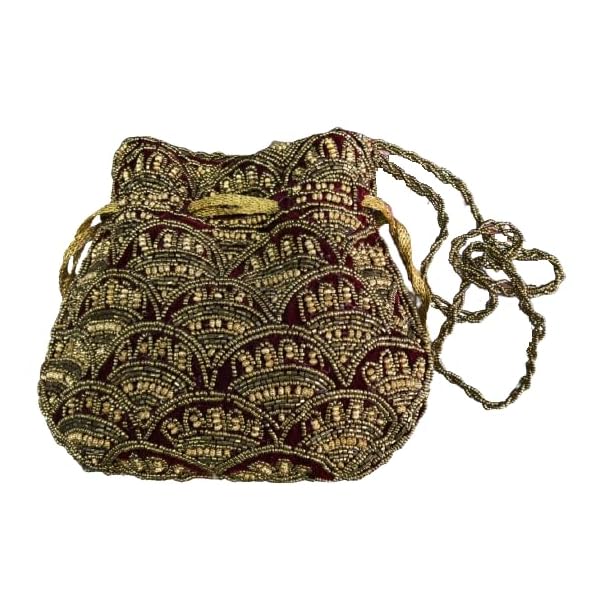 OLL luxury maroon red color satin fabric zari-zardosi handcrafted batua style beaded work with drawstring and beads handles potli bags or wristlets for girls/women