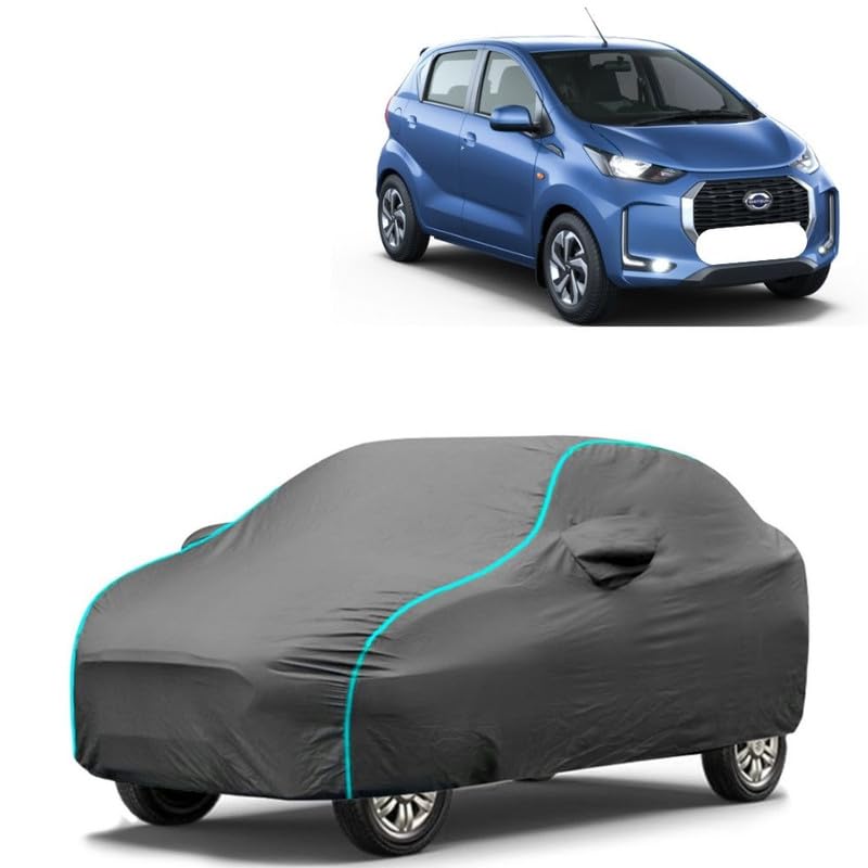 NG AUTO FRONT Waterproof Car Body Cover Compatible with Datsun Redi-Go All Weather Protection with Mirror Pocket, Triple Stitched, Fully Elastic (Black with Aqua Piping)