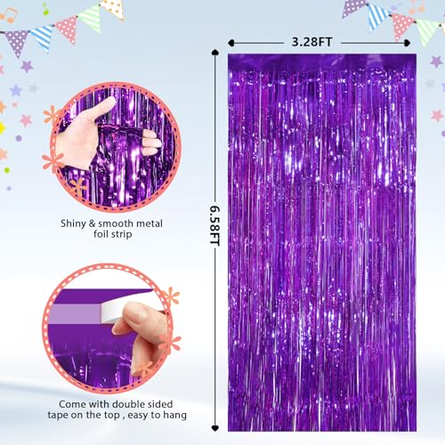 Image of GCB 2Pack Purple Metallic Tinsel Foil Fringe Curtains, Door Streamers Photo Booth Backdrop for Birthday Party Wedding, Purple Curtain Backdrop for Baby Shower Bachelorette Christmas Party Decorations