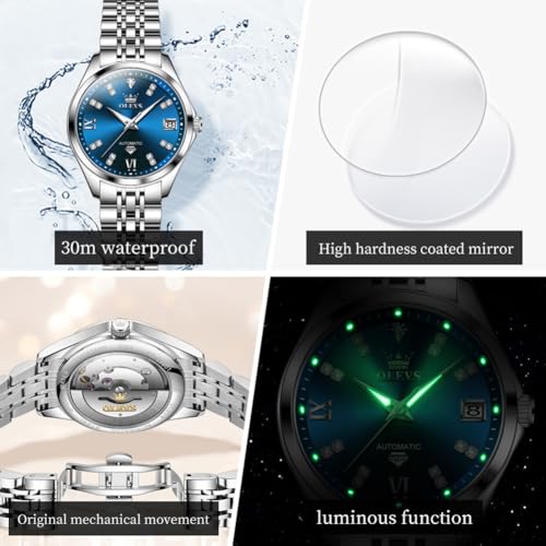 Image of OLEVS Womens Automatic Watch Diamond Luxury Date Ladies Dress Classic Self Winding Wrist Watches