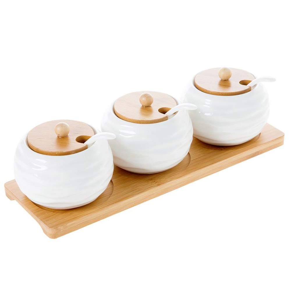 HRWLY 1 Set Ceramic Condiment Storage Jar Household Seasoning Pot Tray Spice Soy Sauce Box Salt Sugar Can Kitchen Organizer
