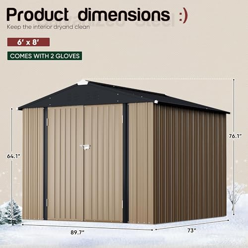 Image of GUNJI 8 x 6 FT Shed Outdoor Storage Shed Metal Garden Shed with Lockable Door Outside Waterproof Tool Shed for Backyard, Patio, Lawn (Brown)
