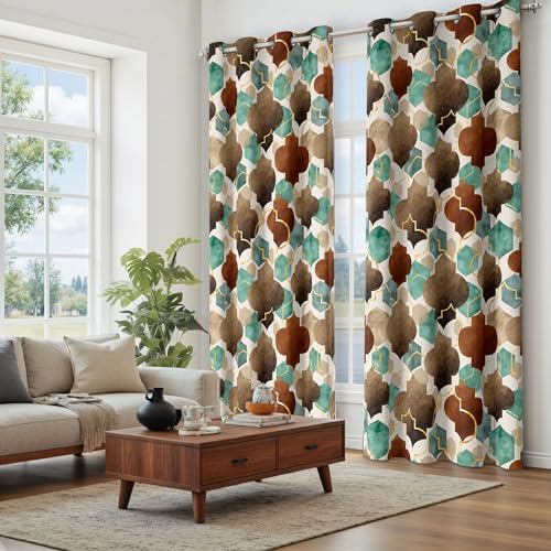 Tyrot Moroccan 100% Blackout Curtains for Bedroom Sage Green Abstract Geometric Black Out Curtains 84 inch Long 2 Panels Set Window Drapes Thermal Room Darkening Curtains for Living Room, 52